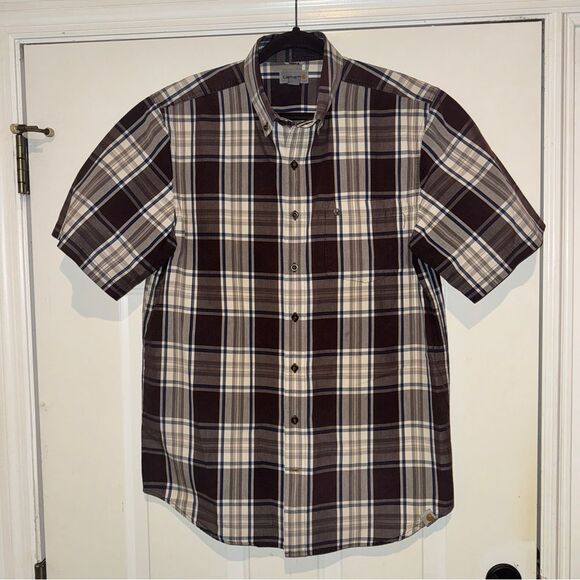 Carhartt Essential Plaid Open Collar Short Sleeve Shirt Long Length Tall - Picture 1 of 4